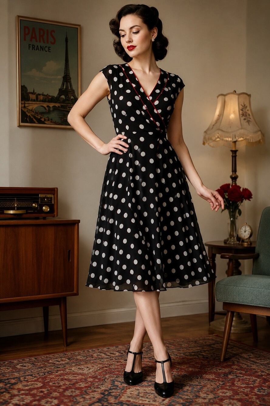 Adrianna Pappell Black White Polka Dot Faux Wrap Midi Party Dress Size 12